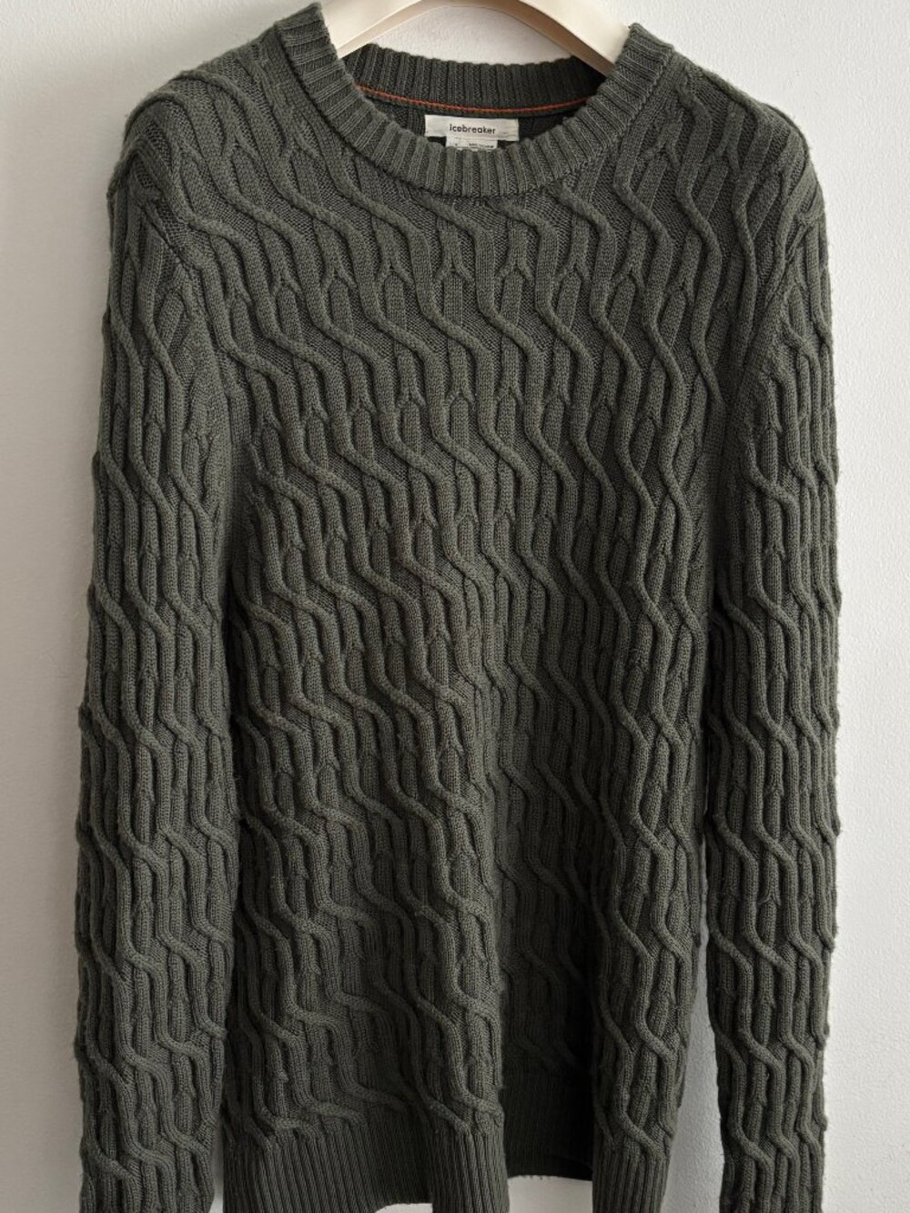 $240 Icebreaker Green Merino Wool Cable Knit Crewneck Sweater - Large